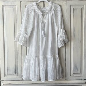 🟠NWT WHITE WAVES 3/4 Ruffle Sleeve Mini Dress White w/Silver Metallic Stripes ML